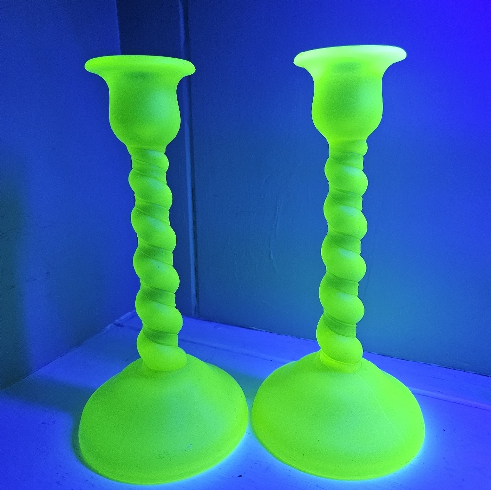 Vintage Tiffan Uranium satin glass candlesticks